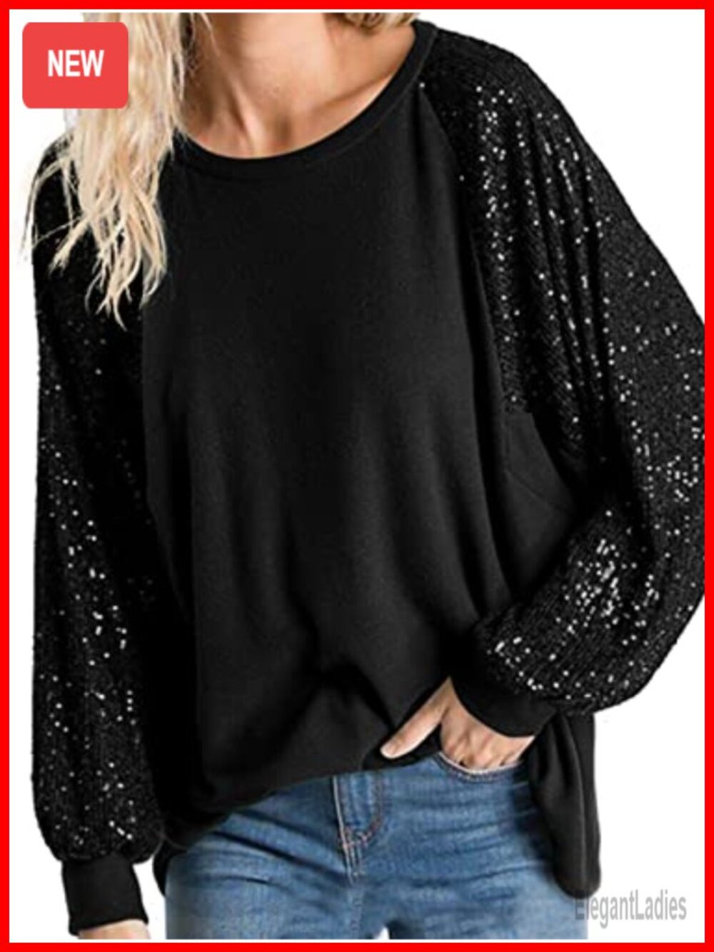 Sequin Long Sleeve Sparkle Sweatshirt Crewneck Party Top Loose Fit